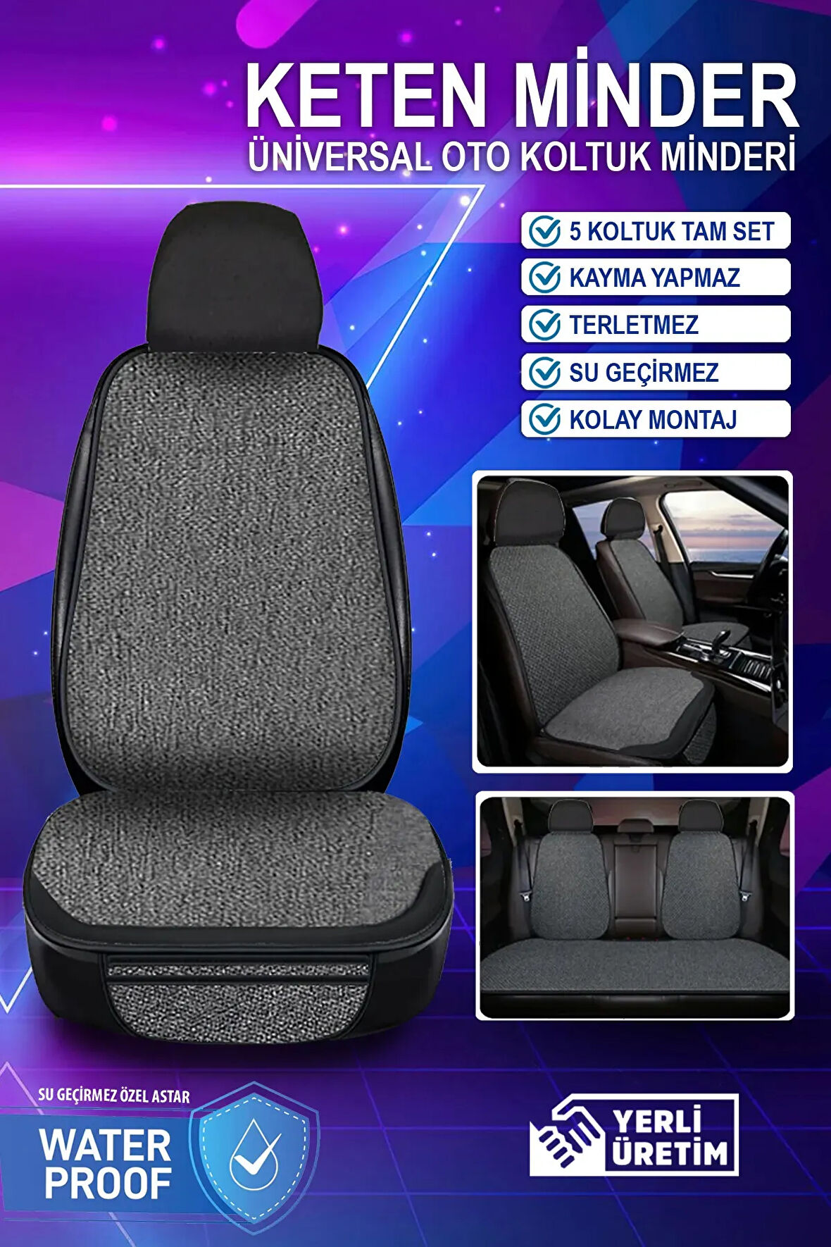 Peugeot 208 I (facelift 2015) 1.2 Puretech (83 Hp) 2018 UYUMLU Keten Oto Koltuk Minderi 7 Parça - 5 Koltuk Tam Set - Su Geçirmez