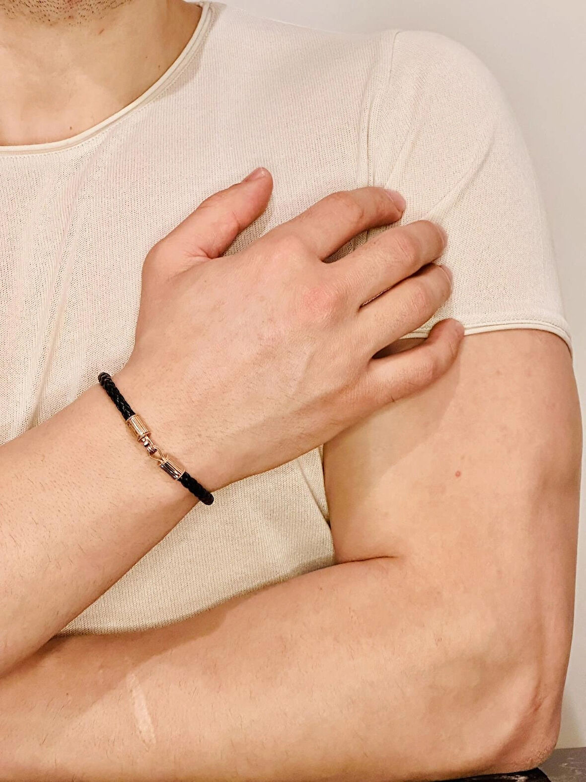 Erkek Bileklik, Kancalı Model Şık Deri Kordon, Gümüş Rose Altın Kaplama Bileklik