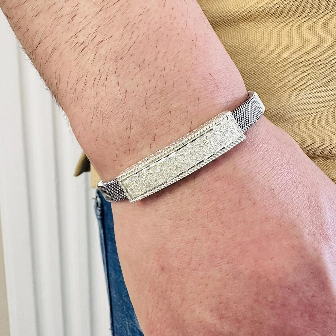 Gümüş Erkek Bileklik,14k Beyaz Altın Kaplama, Işıltılı Desenli Isim Yazılabilir Tasarım