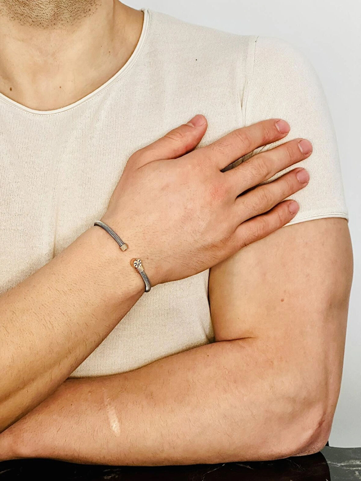  Gümüş Erkek Bileklik 14 Ayar Rose Altın Kaplama Işıltılı Desenli Kararmaz Çelik Bant