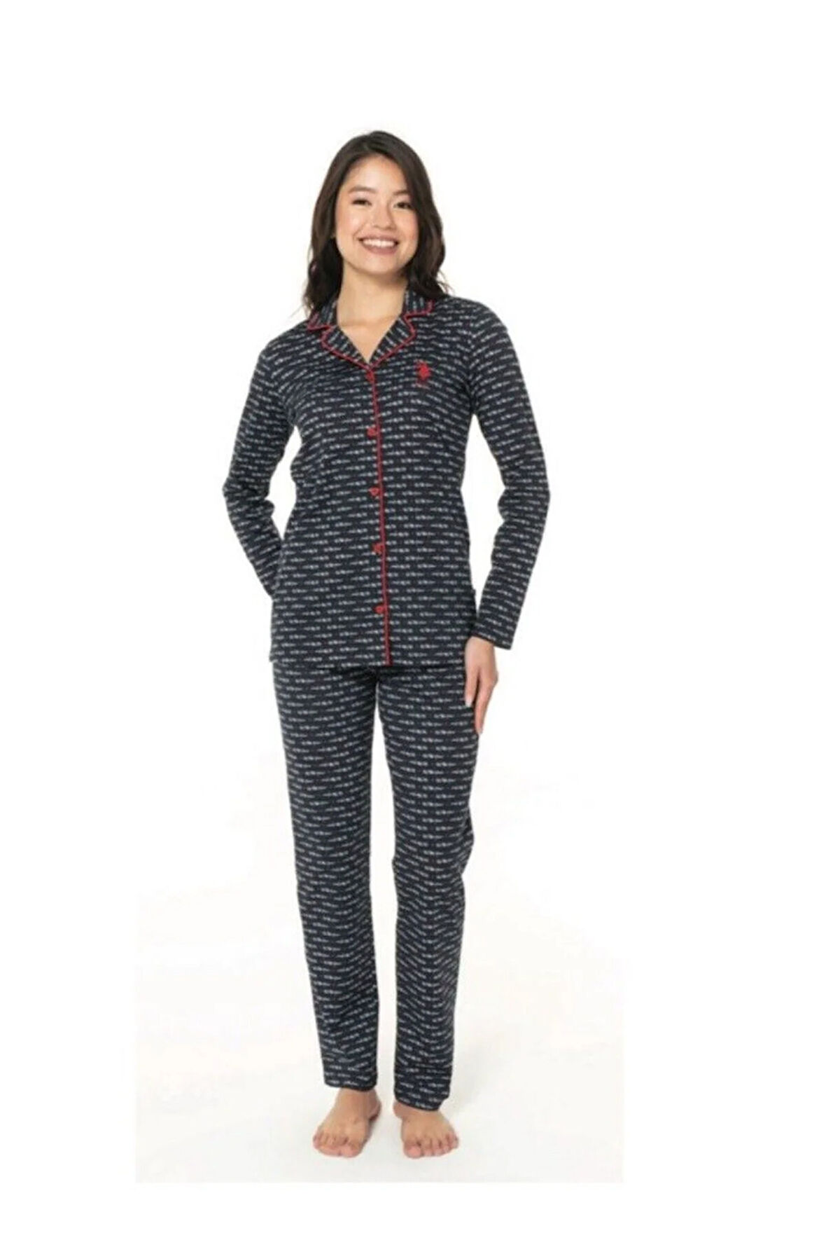 Kadın Lacivert Pamuklu Lisanslı Çeyizlik Önden Düğmeli Pijama Takımı 20144