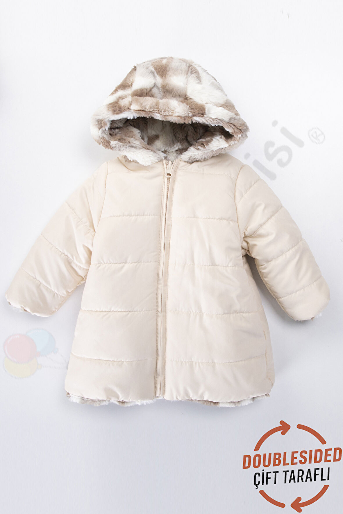 Çift Taraflı içi Kürklü Peluş Şişme Fermuarlı Kalın Kar Kapüşonlu Kışlık Kız Bebek Mont Çocuk Kaban