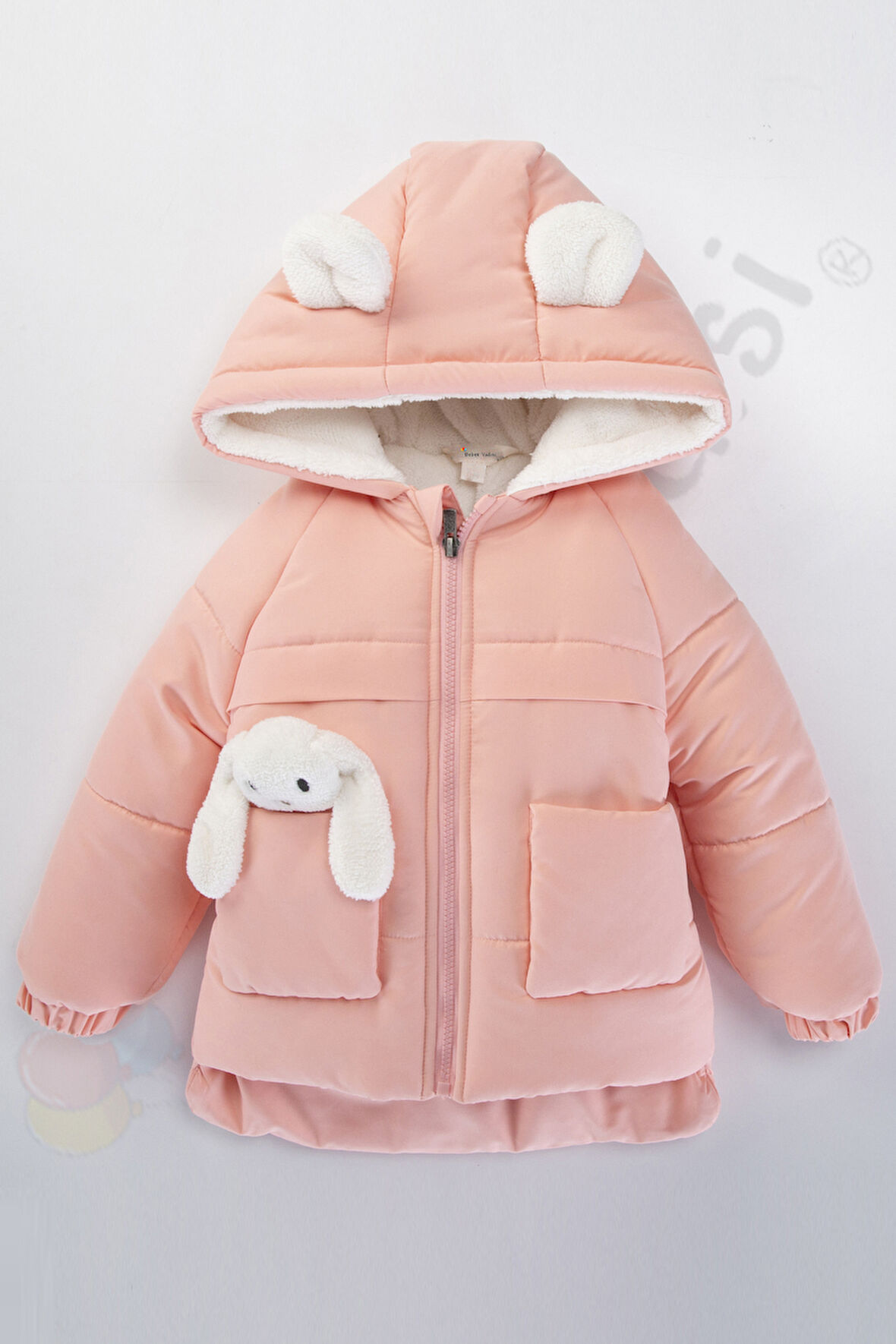 YENİ Tavşanlı Fermuarlı İçi Peluş Kürklü Kalın Kapüşonlu Kar Şişme Kışlık Kız Bebek Mont Çocuk Kaban
