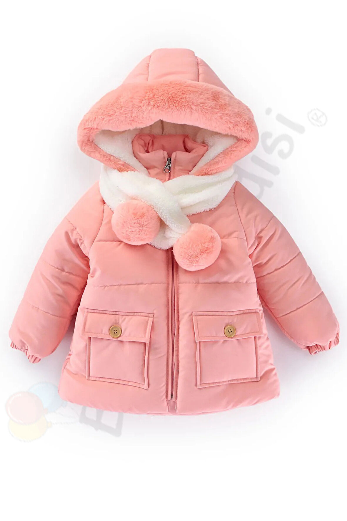 Atkı Kapüşonlu Cepli İçi Peluş Kürklü Fermuarlı Kapitone Kar Şişme Kışlık Kız Bebek Mont Çocuk Kaban