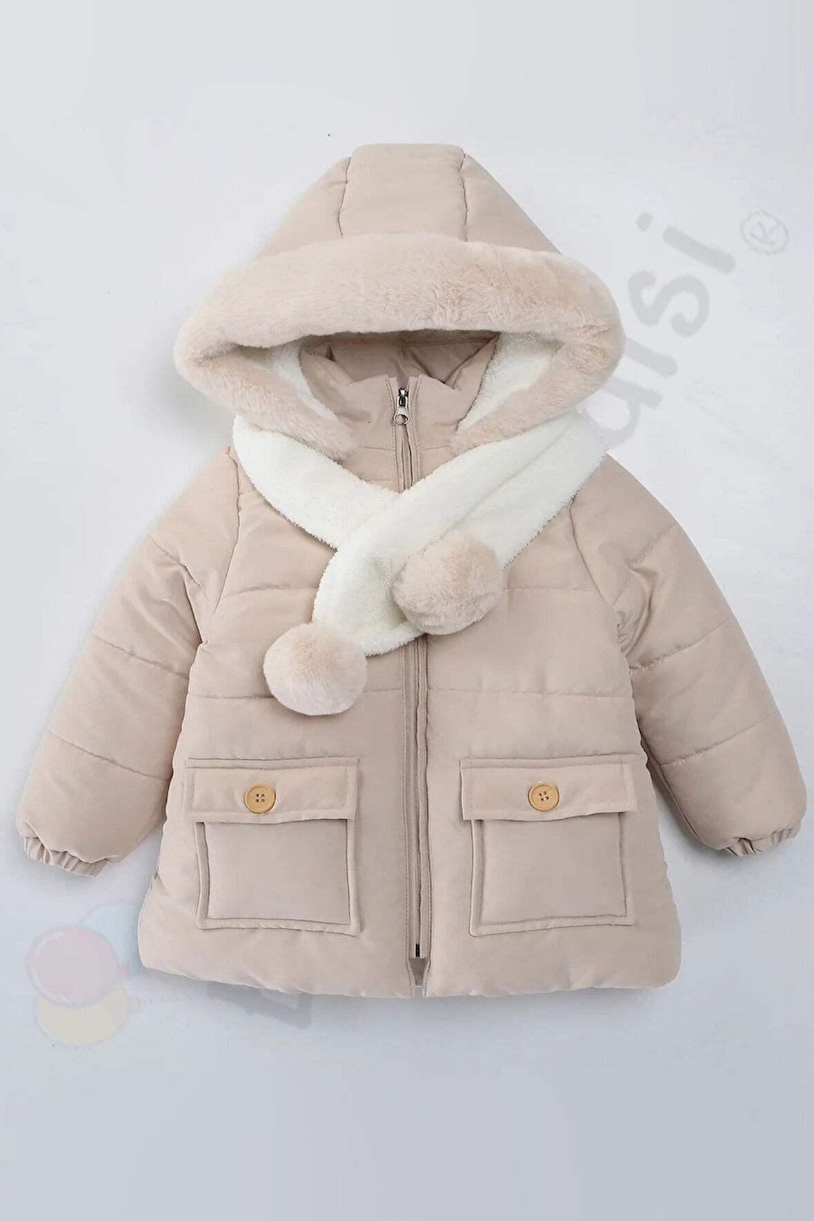 Atkı Kapüşonlu Cepli İçi Peluş Kürklü Fermuarlı Kapitone Kar Şişme Kışlık Kız Bebek Mont Çocuk Kaban