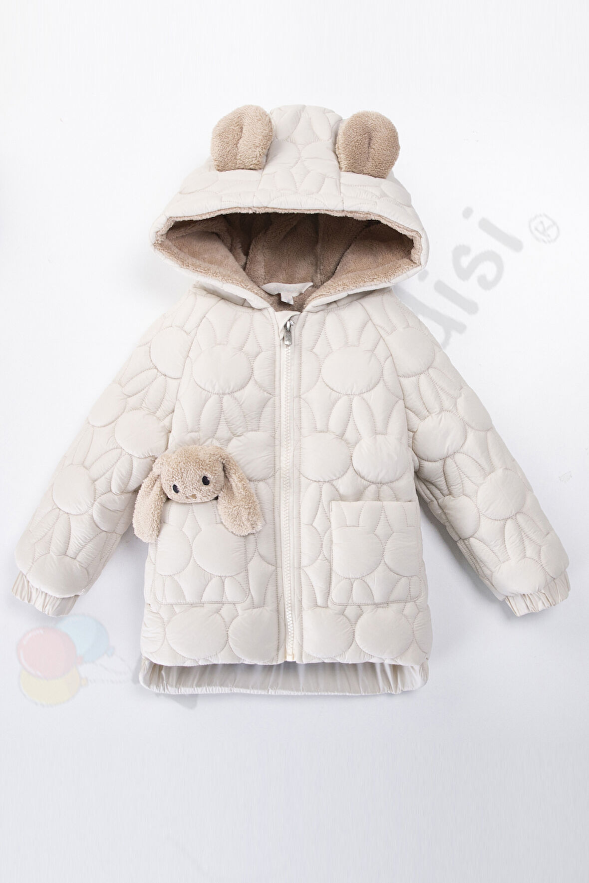 YENİ Tavşanlı Fermuarlı İçi Kürklü Peluş Cepli Kapüşonlu Şişme Kar Kışlık Kız Bebek Mont Çocuk Kaban