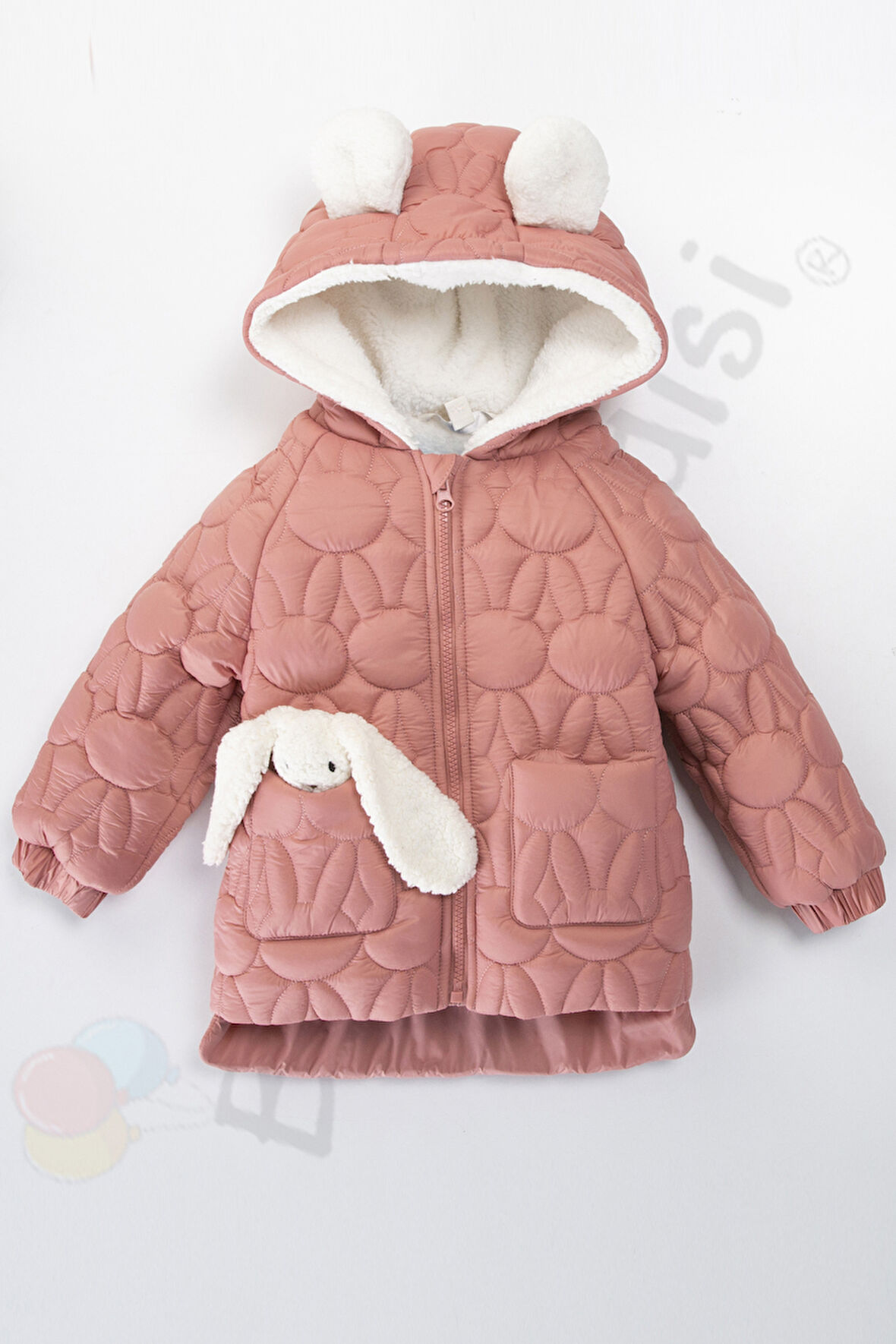 YENİ Tavşanlı Fermuarlı İçi Kürklü Peluş Cepli Kapüşonlu Şişme Kar Kışlık Kız Bebek Mont Çocuk Kaban