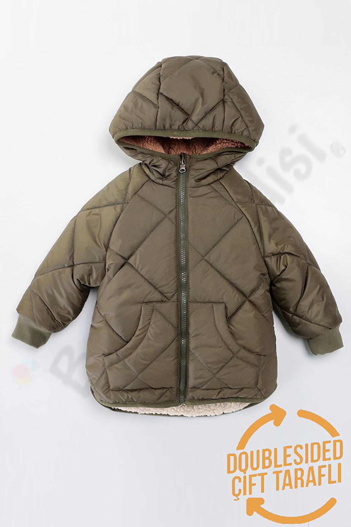 Çift Taraflı Peluş Kürklü Şişme Fermuarlı Cepli Kar Kapüşonlu Kışlık Erkek Bebek Mont Çocuk Kaban