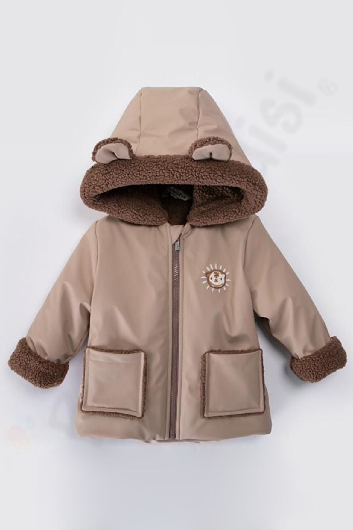 Ayılı İçi Peluş Kürklü Fermuarlı Cepli Kalın Kapüşonlu Kar Şişme Kışlık Erkek Bebek Mont Çocuk Kaban