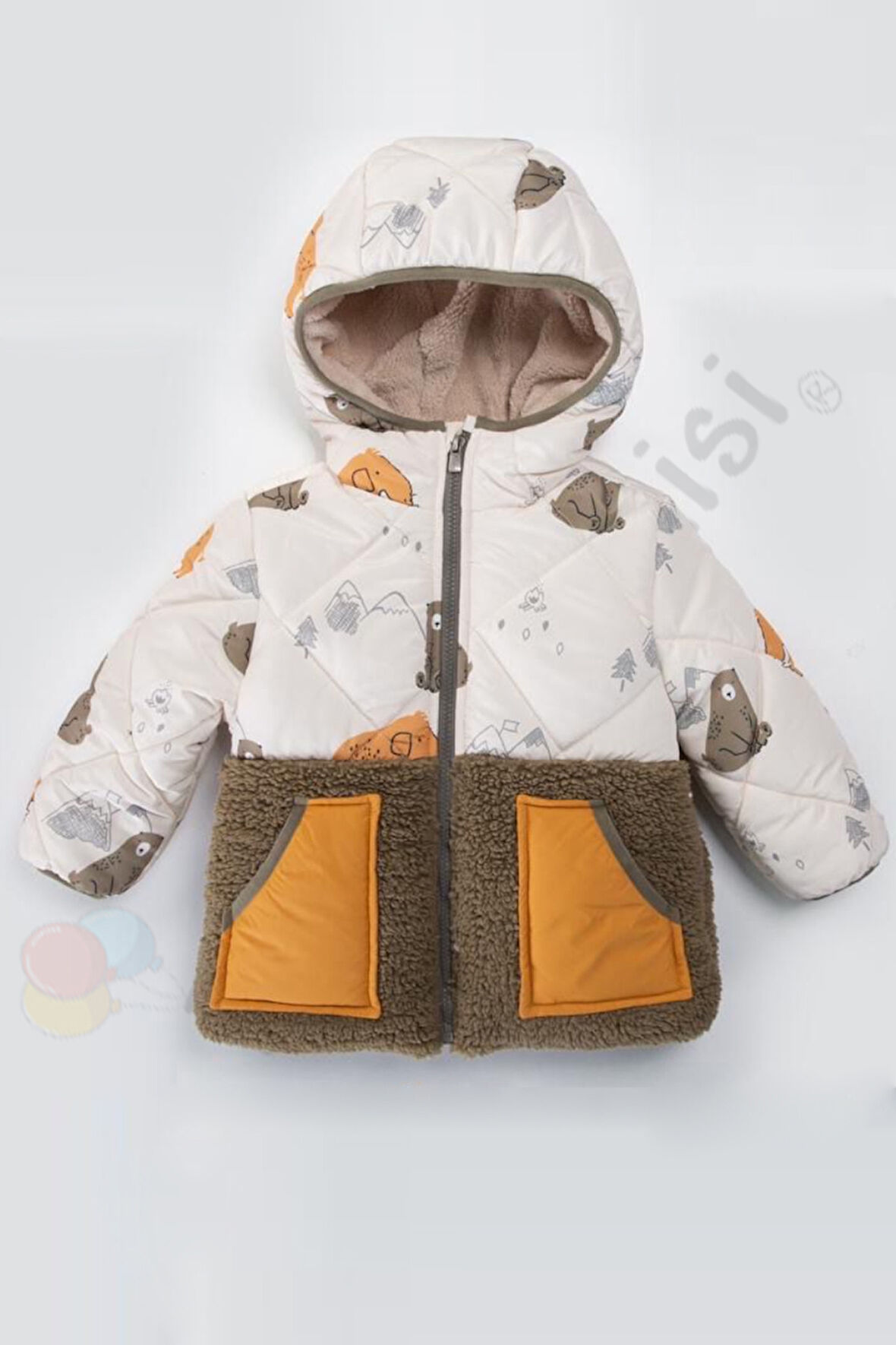 Ayılı İçi Peluş Kürklü Cepli Fermuarlı Kalın Kapüşonlu Şişme Kar Kışlık Erkek Bebek Mont Çocuk Kaban
