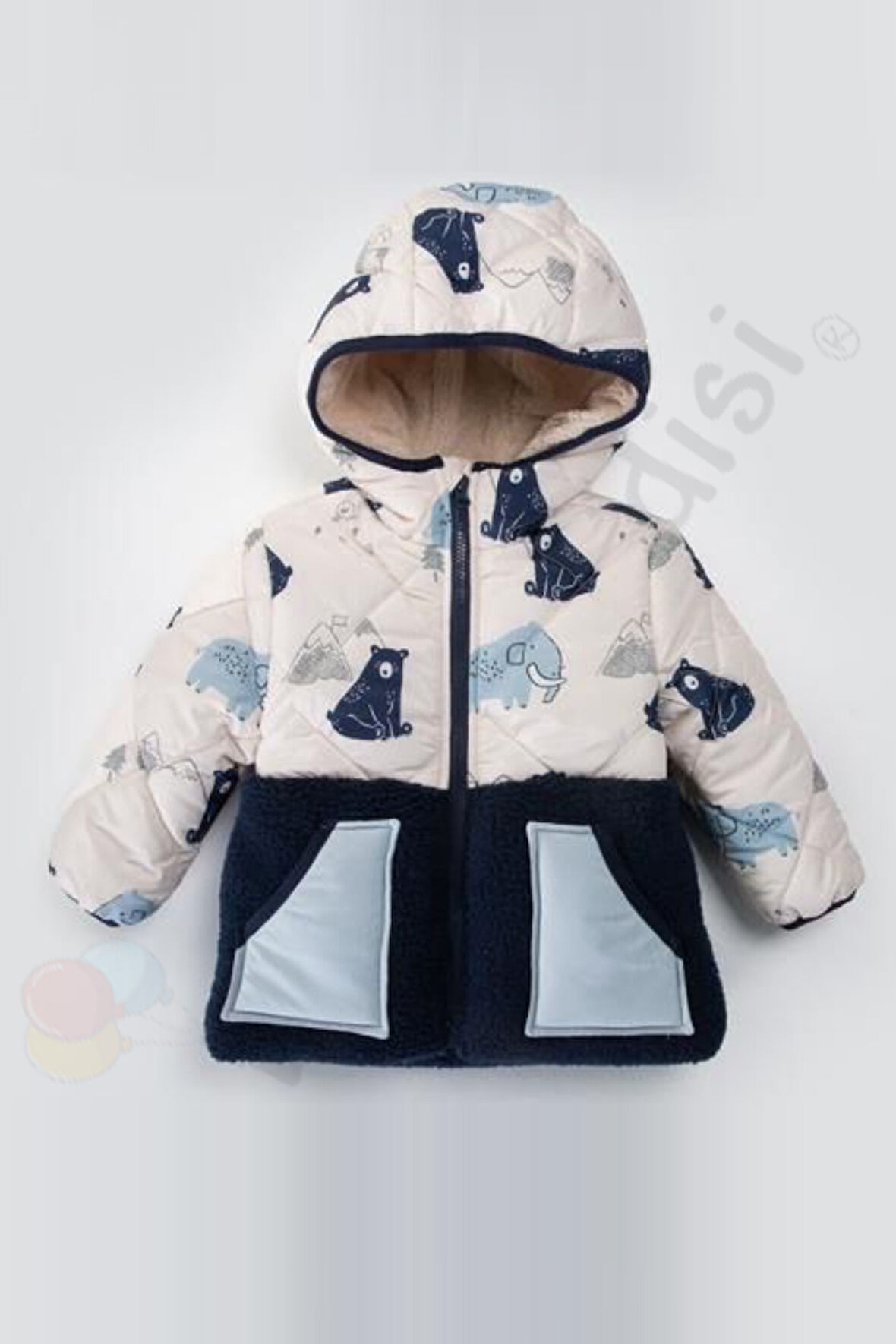 Ayılı İçi Peluş Kürklü Cepli Fermuarlı Kalın Kapüşonlu Şişme Kar Kışlık Erkek Bebek Mont Çocuk Kaban