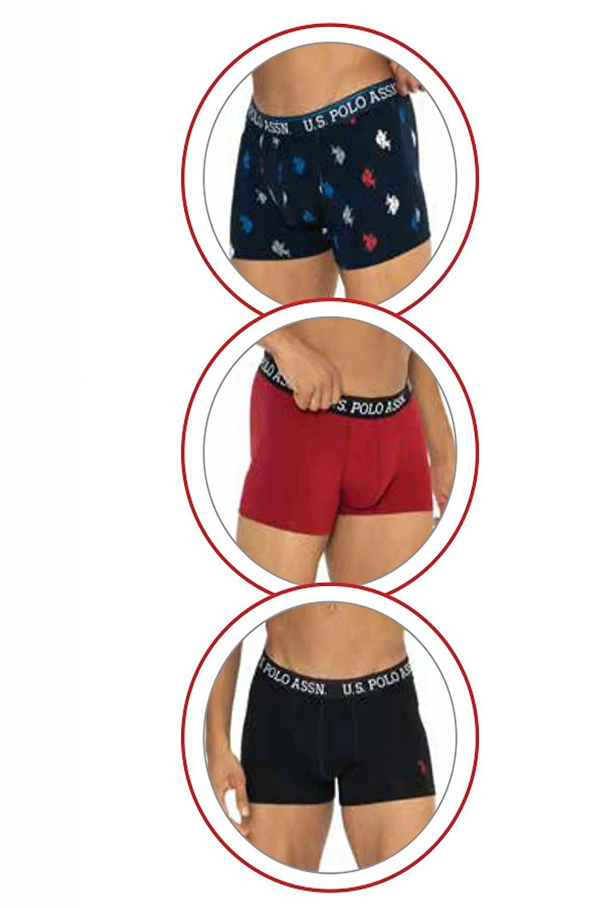 U.s Polo Assn. 80528 Erkek Pamuklu 3'lü Boxer-Siyah&Bordo&Baskılı
