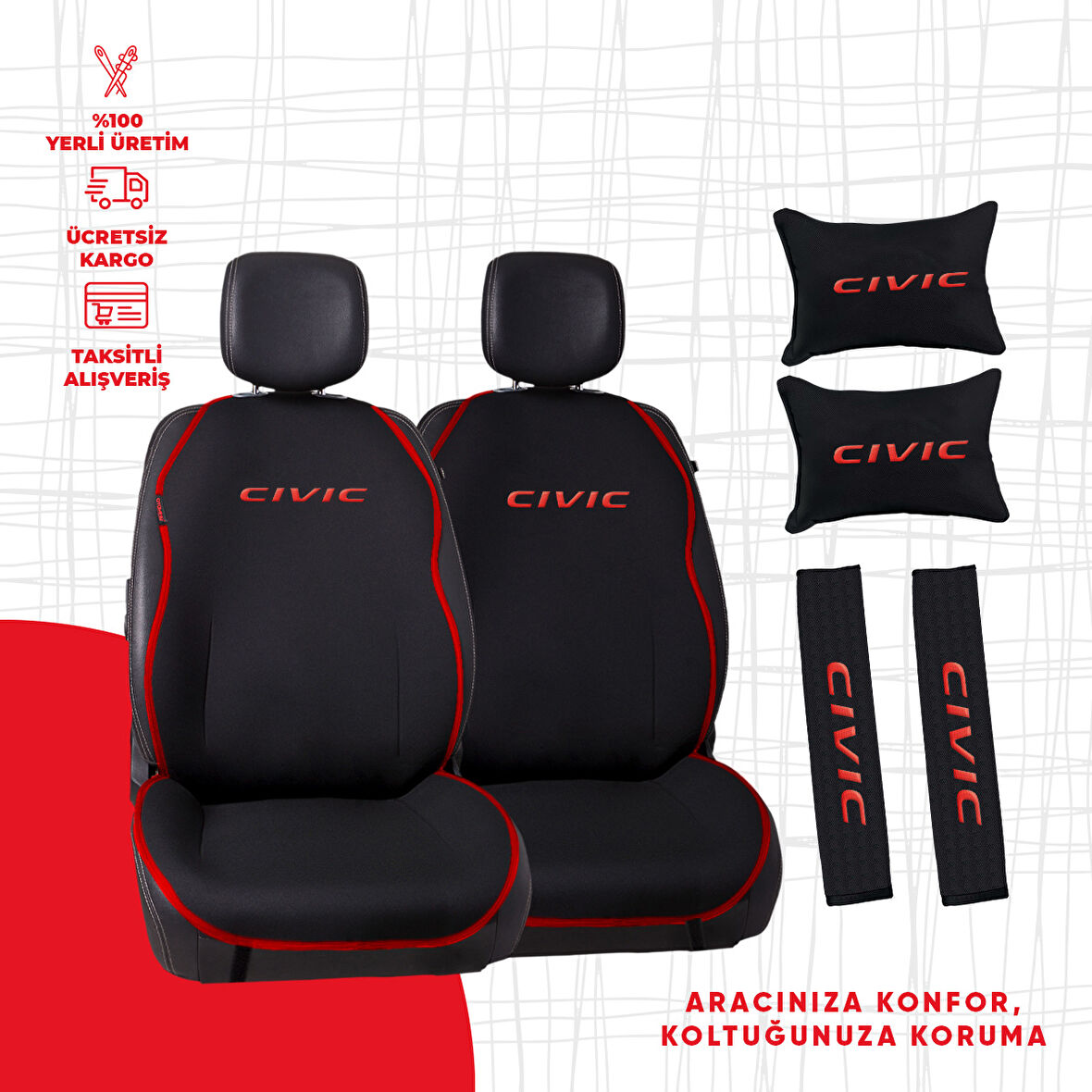Kırmızı Biyeli Kırmızı Civic Nakışlı Minder Seti
