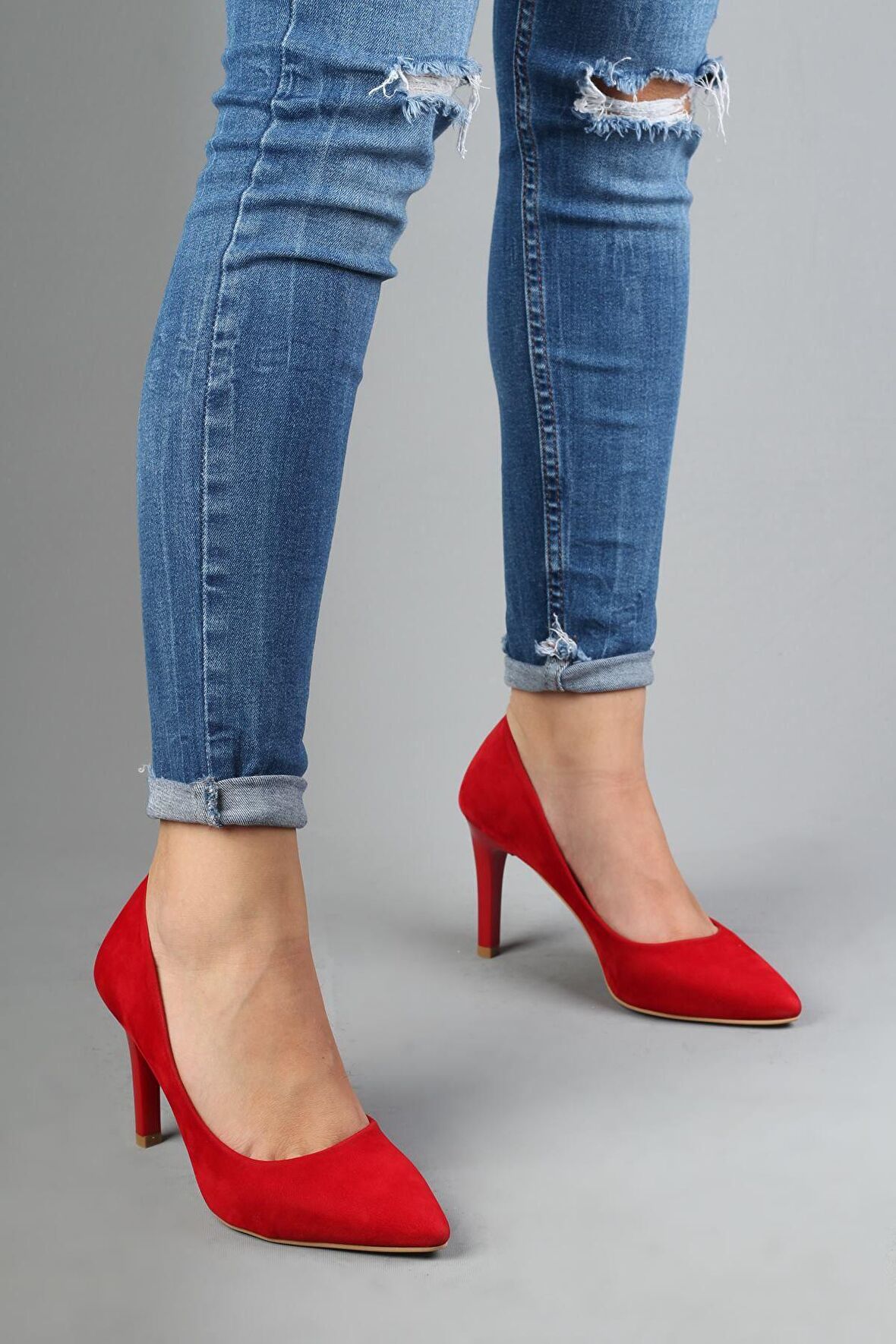 Modabuymus Kadın Kırmızı Süet Stiletto Topuklu Ayakkabı - Anger