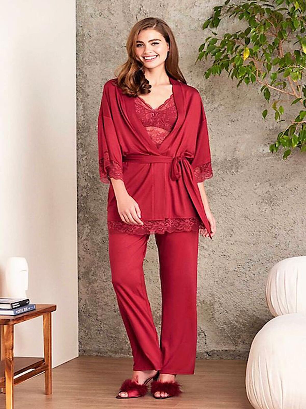 Kadın Penye Dantelli Sabahlıklı Pijama Takımı - 2810