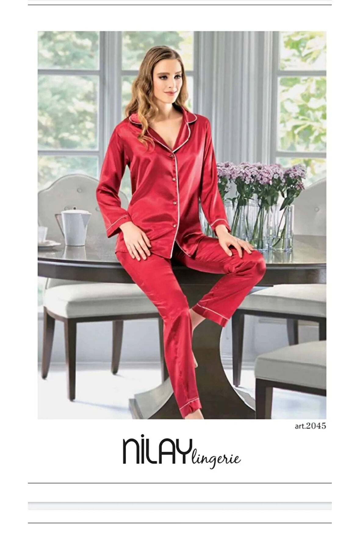 Kadın Saten Çeyizlik Biyeli Pijama Takımı -2045