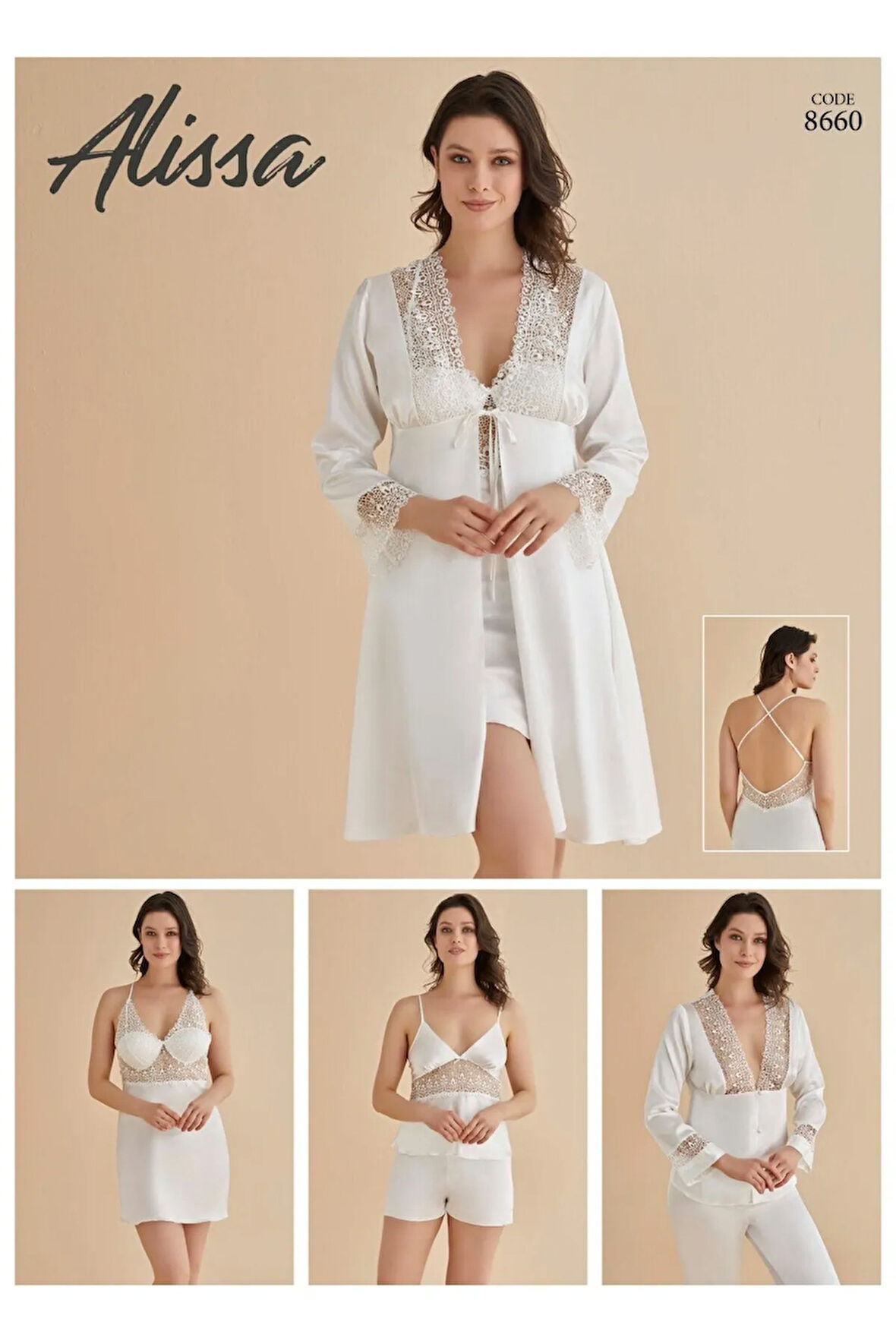 Saten Gecelik Sabahlık Pijama Takım Şort Takım 6'lı Gelin Çeyiz Seti 8660