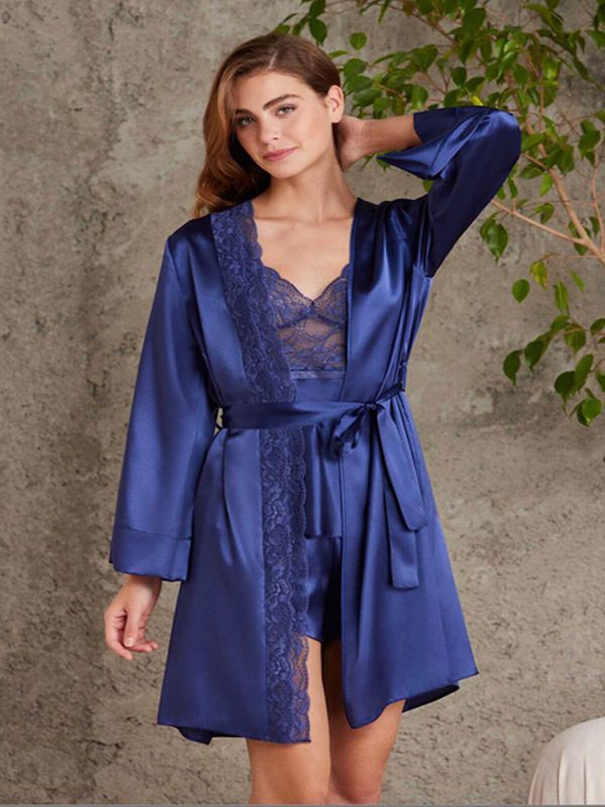  Saten Gecelik Sabahlık  Şort Takım 4Lü Gelin Çeyiz Seti - 7015