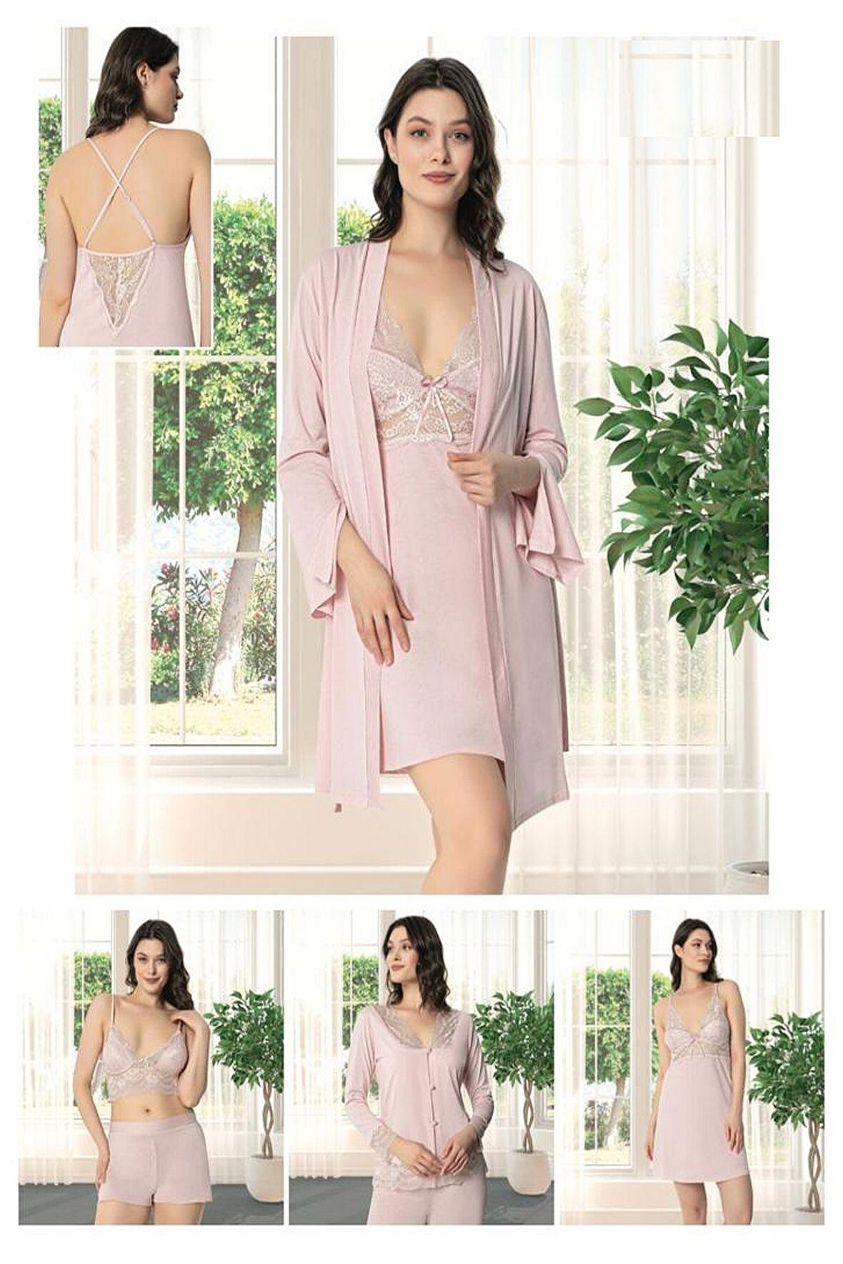 9620 Kadın Çeyizlik Dantelli Penye 6'lı Set -pudra