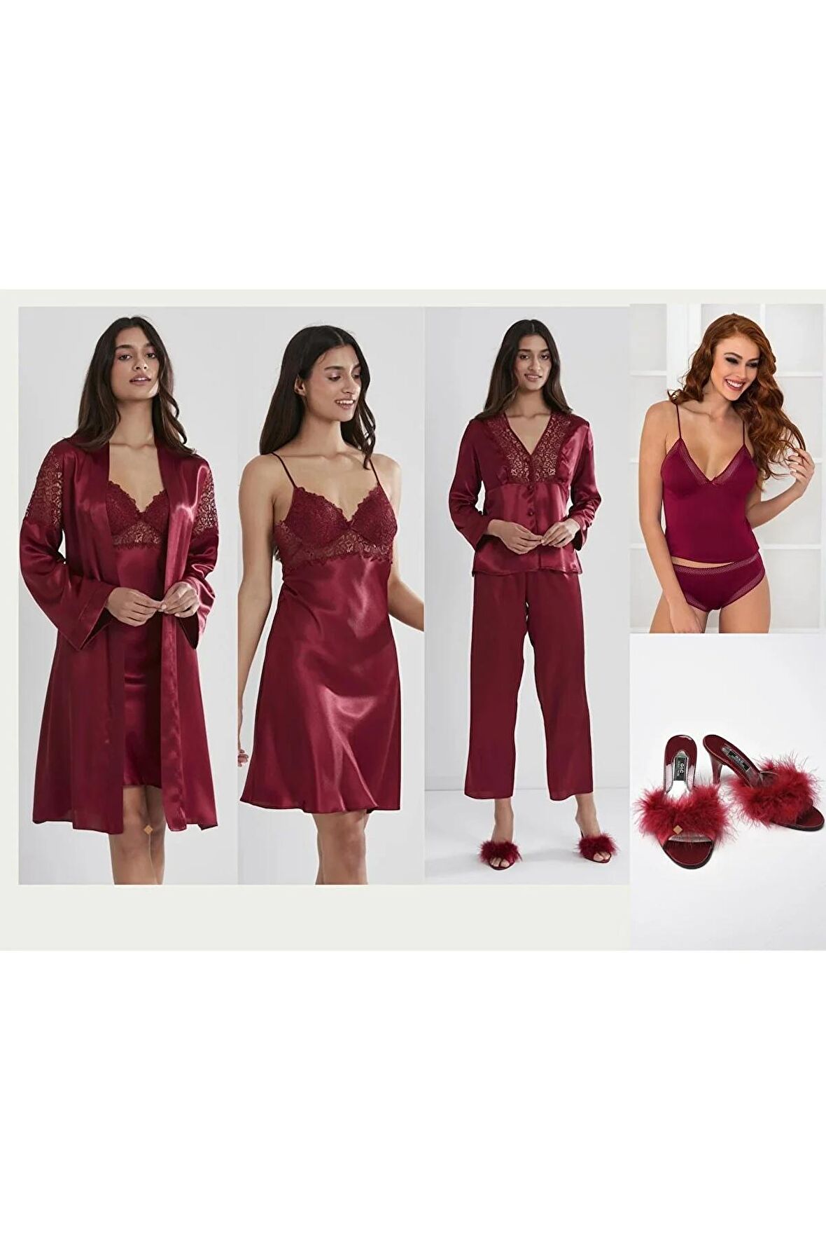 Saten Altılı Çeyiz Seti &kadın Dantelli Penye Atlet Külot Takım Ve Terlik Hediyeli