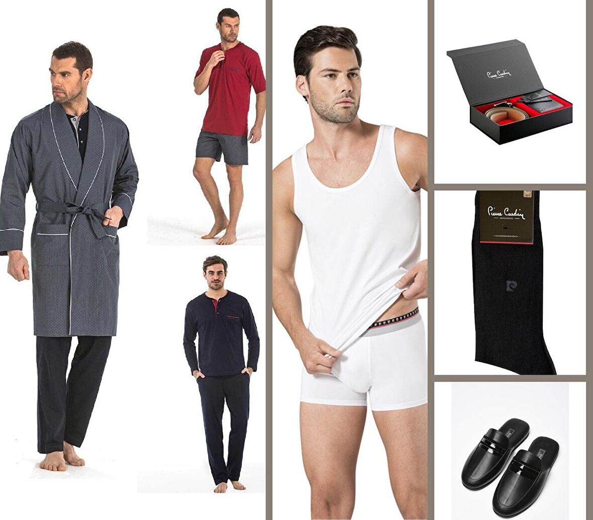 Pierre cardin 5Li Çeyiz Paketi Robdöşambr Atlet Boxer Takım Çorap Ve 2 Li Kemer Cüzdan Set Lacivert