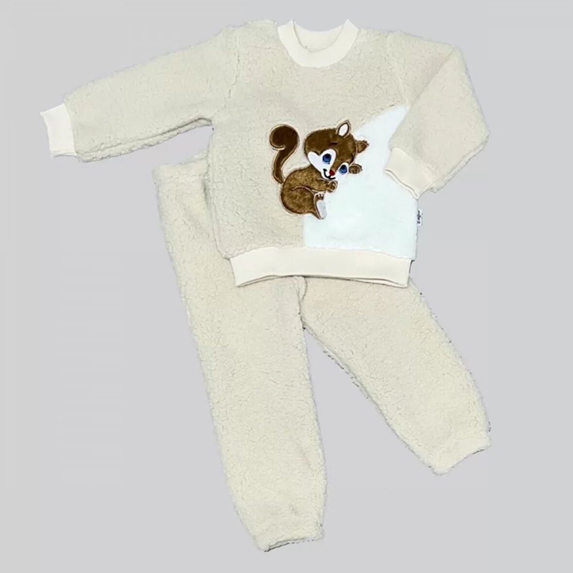 Eterelle 1-2-3 Yaş Masum Yavru Sincap Nakışlı Kuzu Kumaş Sweat Pantolon 2li Kız Erkek Bebek Takımı Bej