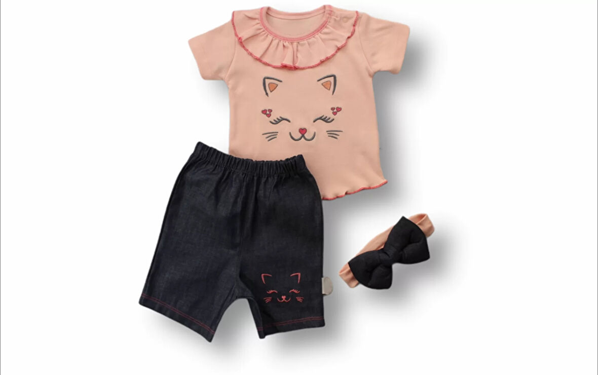Eterelle 6-9 9-12 12-18 Ay Vip Kedi Baskılı Bandanalı Kısa Kollu Sweat 3lü Kız Bebek Takımı Pudra