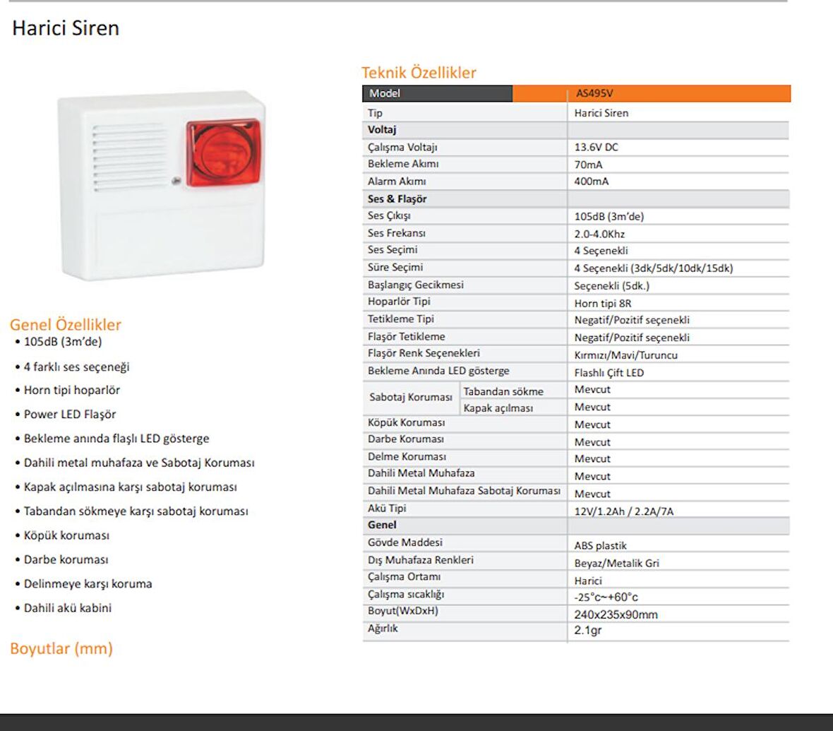 EDS AS495L LED Flaşörlü Metal Muhafazalı Harici Siren 110dB