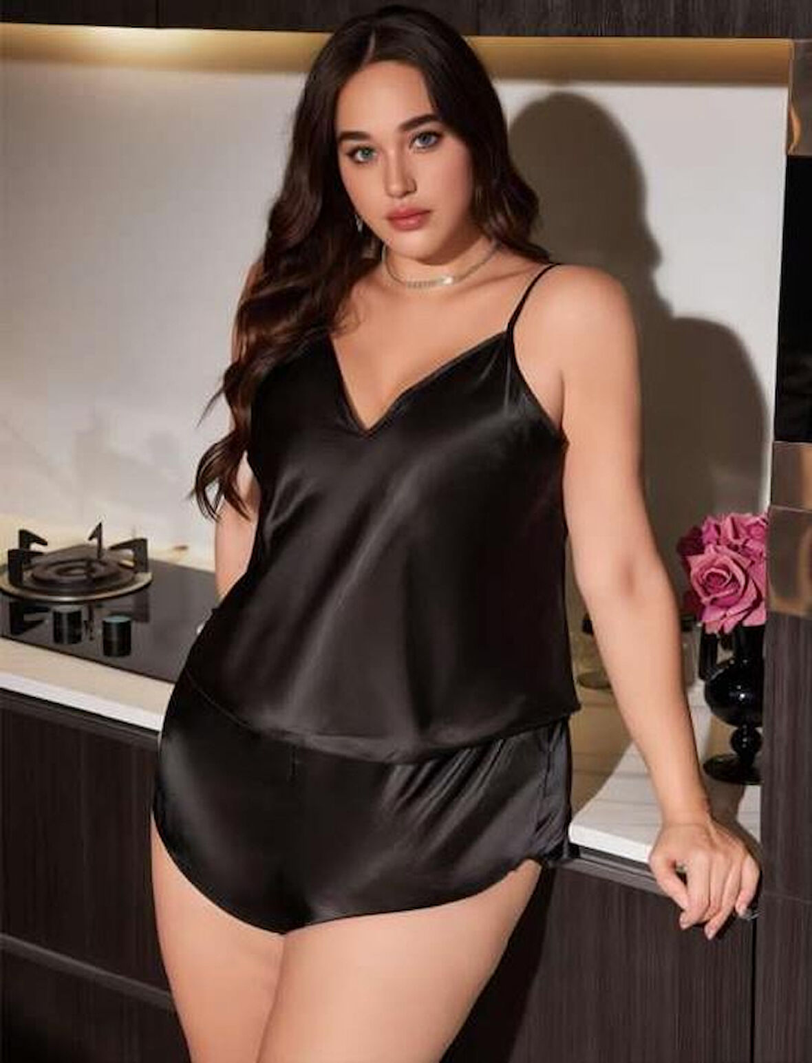 Büyük Beden Siyah Saten Şortlu Takım