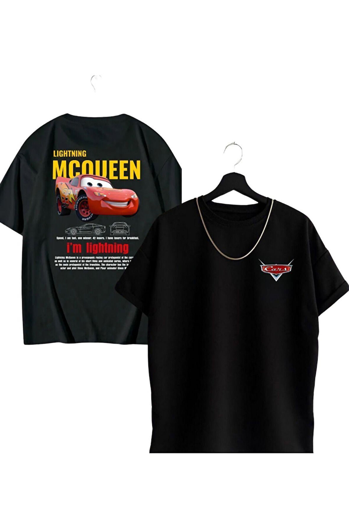 Unisex Siyah Şimşek McQueen Cars Ön ve Sırt Baskılı Kısa Kol %100 Pamuk T-shirt