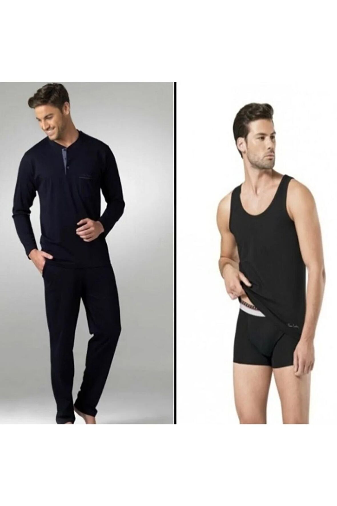 Lacivert Pijama Takımı Siyah Atlet Ve Boxer Seti