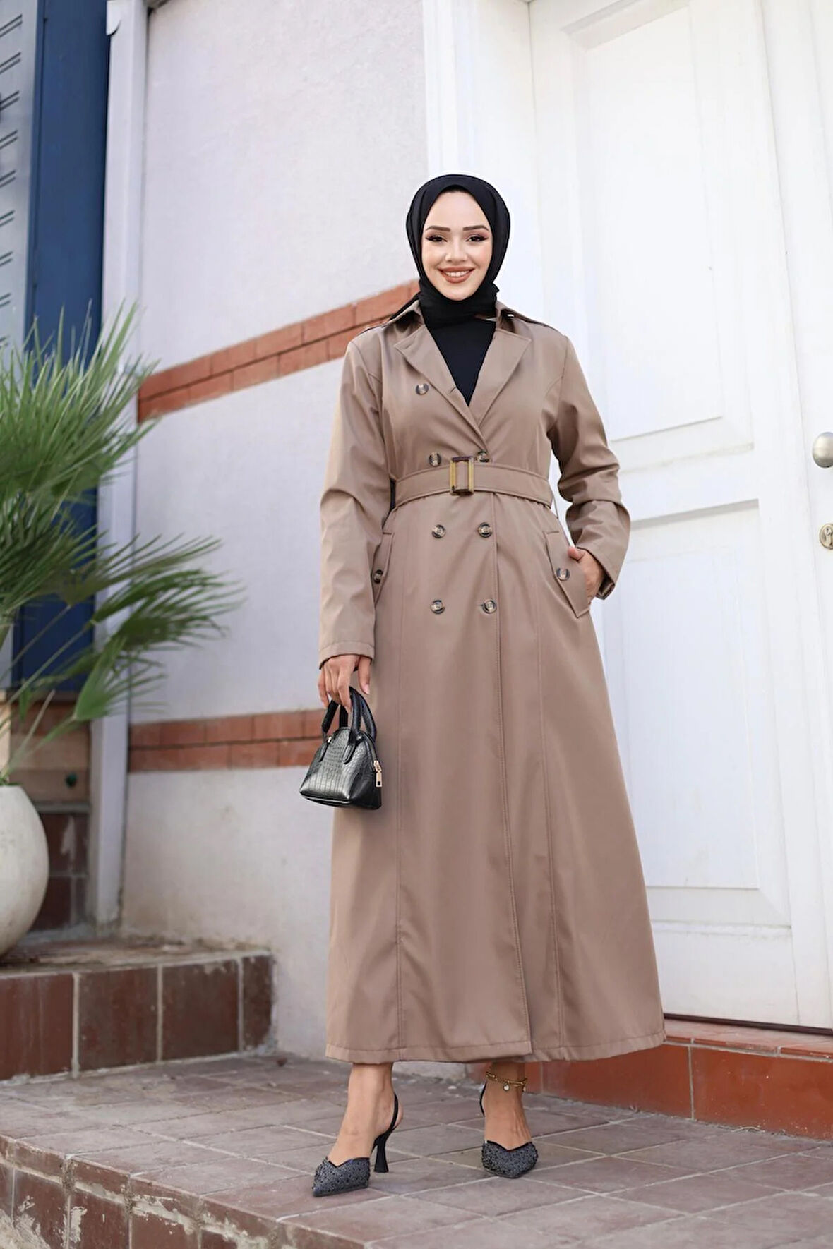 Kadın Düğmeli Kemerli Trençkot
