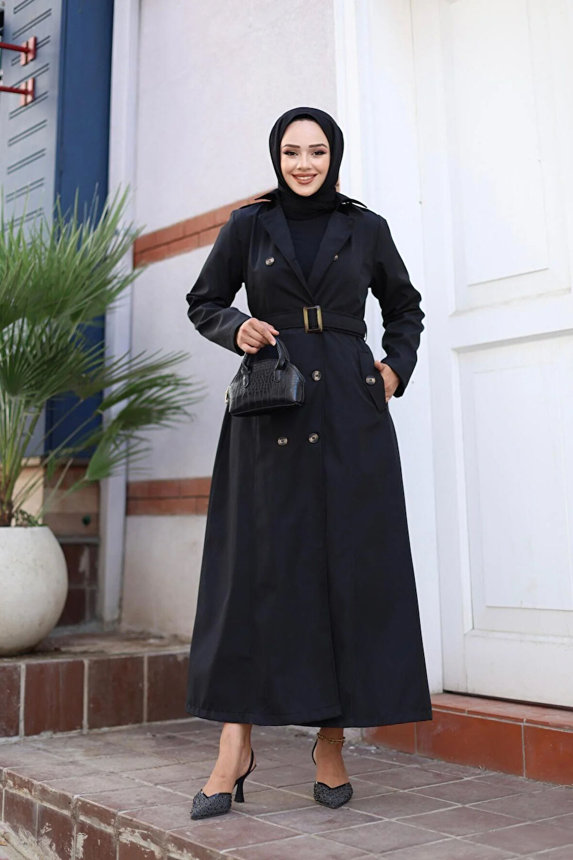 Kadın Düğmeli Kemerli Trençkot