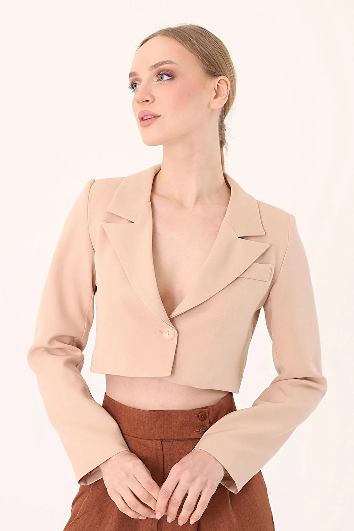 Crop Blazer Ceket-Taş