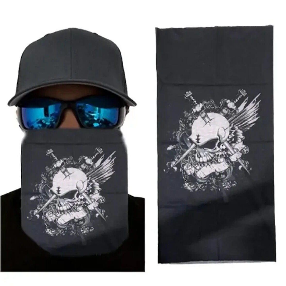 Siyah Beyaz Kafatası Baskılı Boyunluk ( Baf, Bandana) 25x48 cm