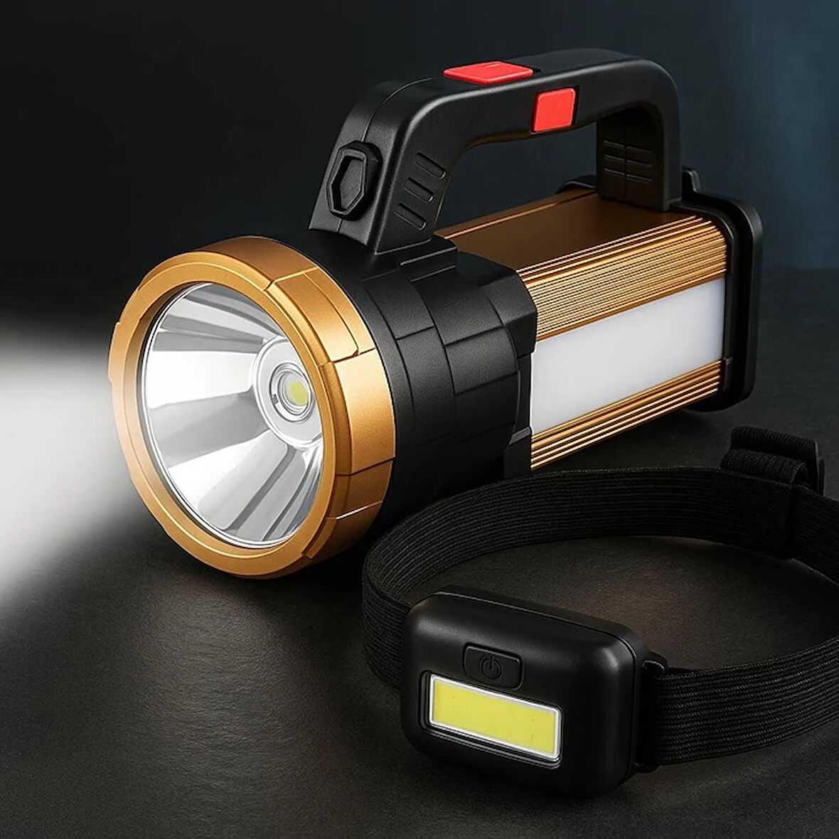 WATTON WT-615 6 MOD ŞARJLI EL FENERİ PROJEKTÖR TİPİ + Kafa Bantlı Led Işık Ayarlanabilir Kafa Lambası