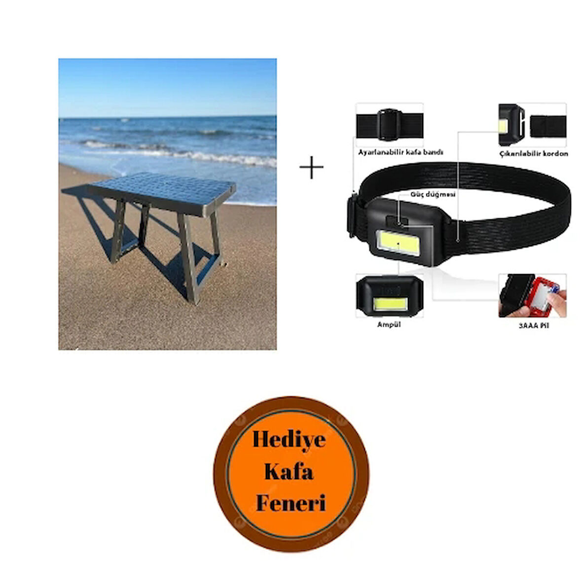 Katlanabilir Piknik Sehpası 50x40x40 cm + Kafa Bantlı Led Işık Ayarlanabilir Kafa Lambası