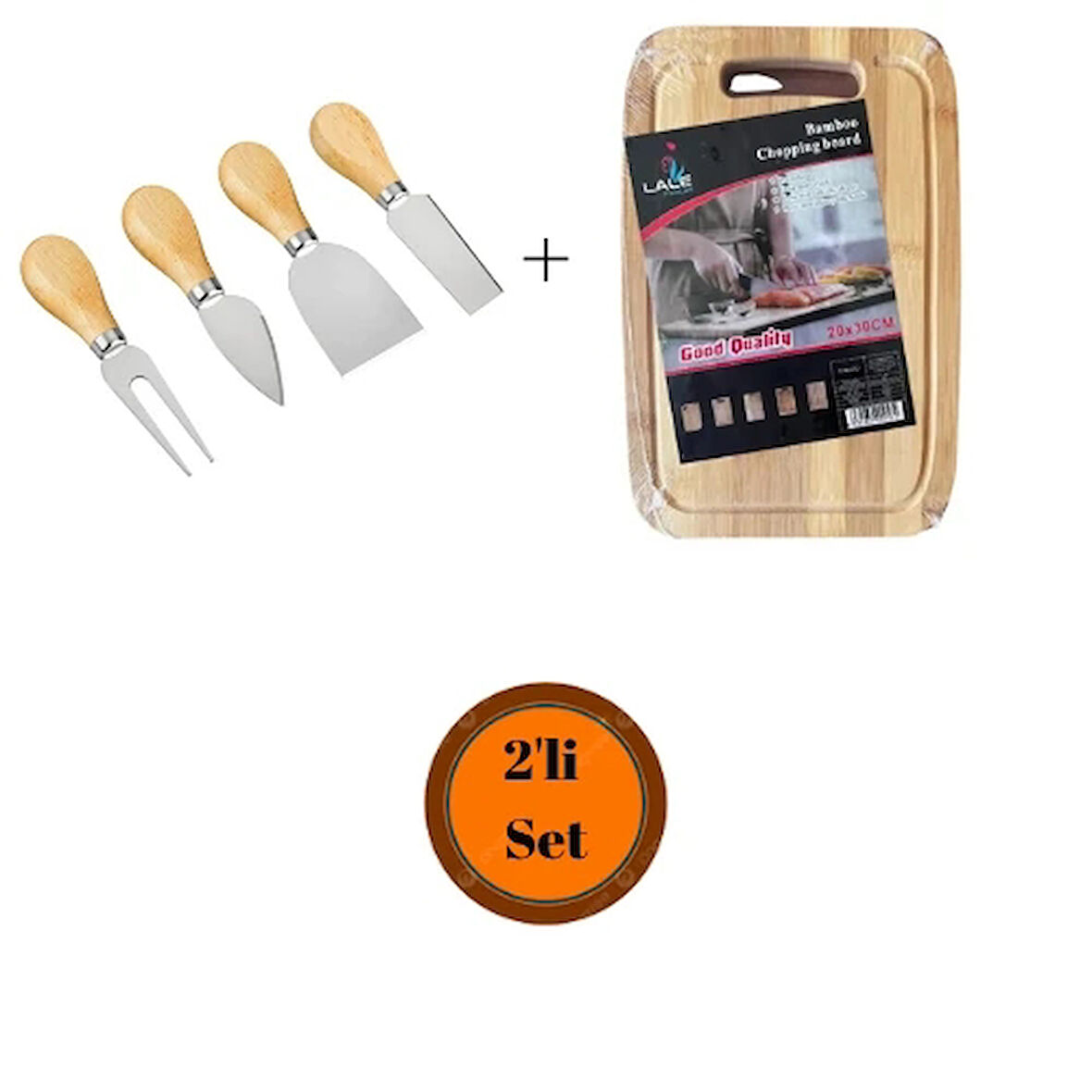 Bambu Kesme Tahtası+Ahşap Saplı Peynir Bıçağı Seti