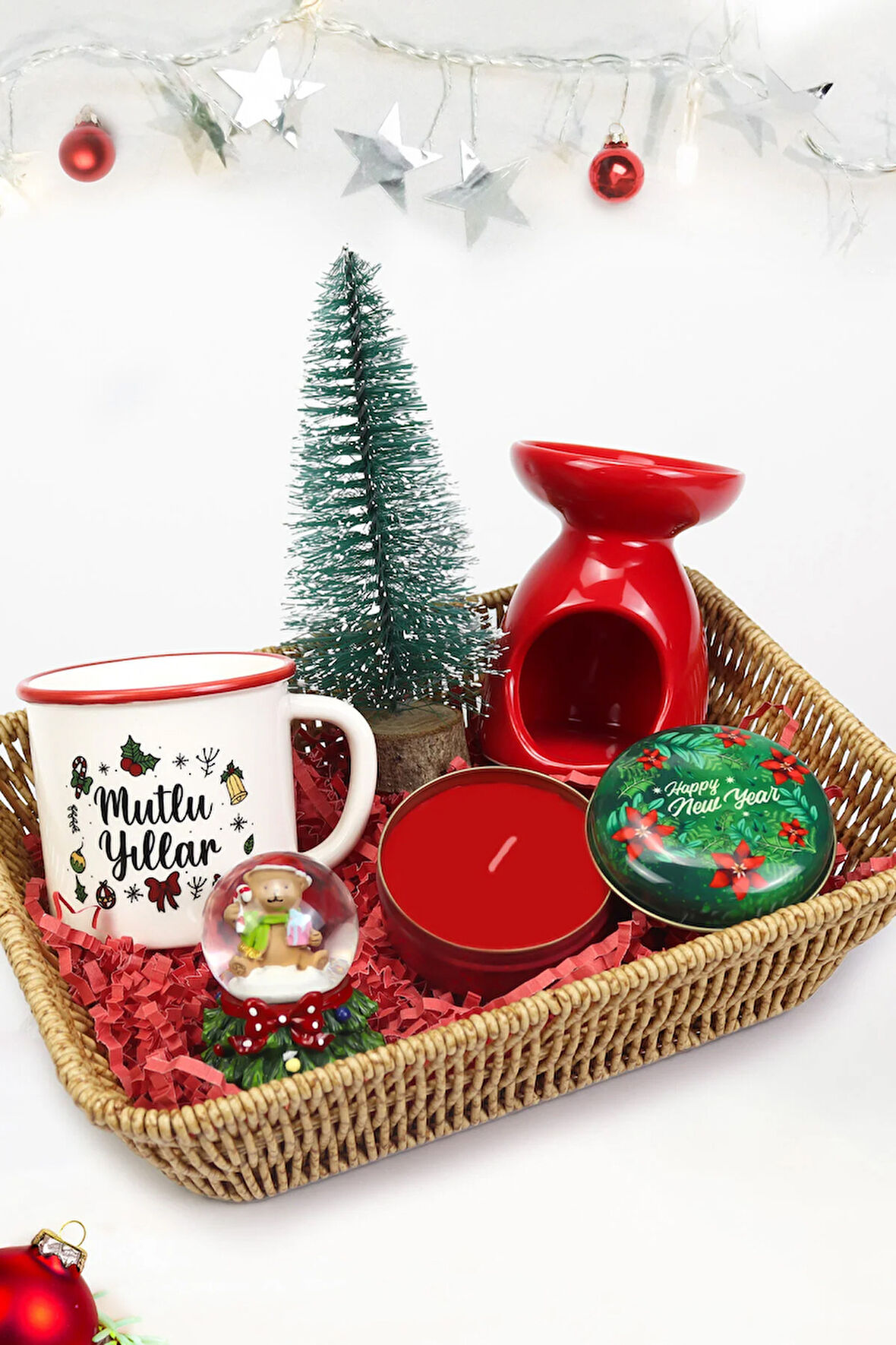 Kupa & Kar Küre & Mum & Buhurdanlık & Ahşap Zeminli Mini Çam Ağacı Hediye Seti