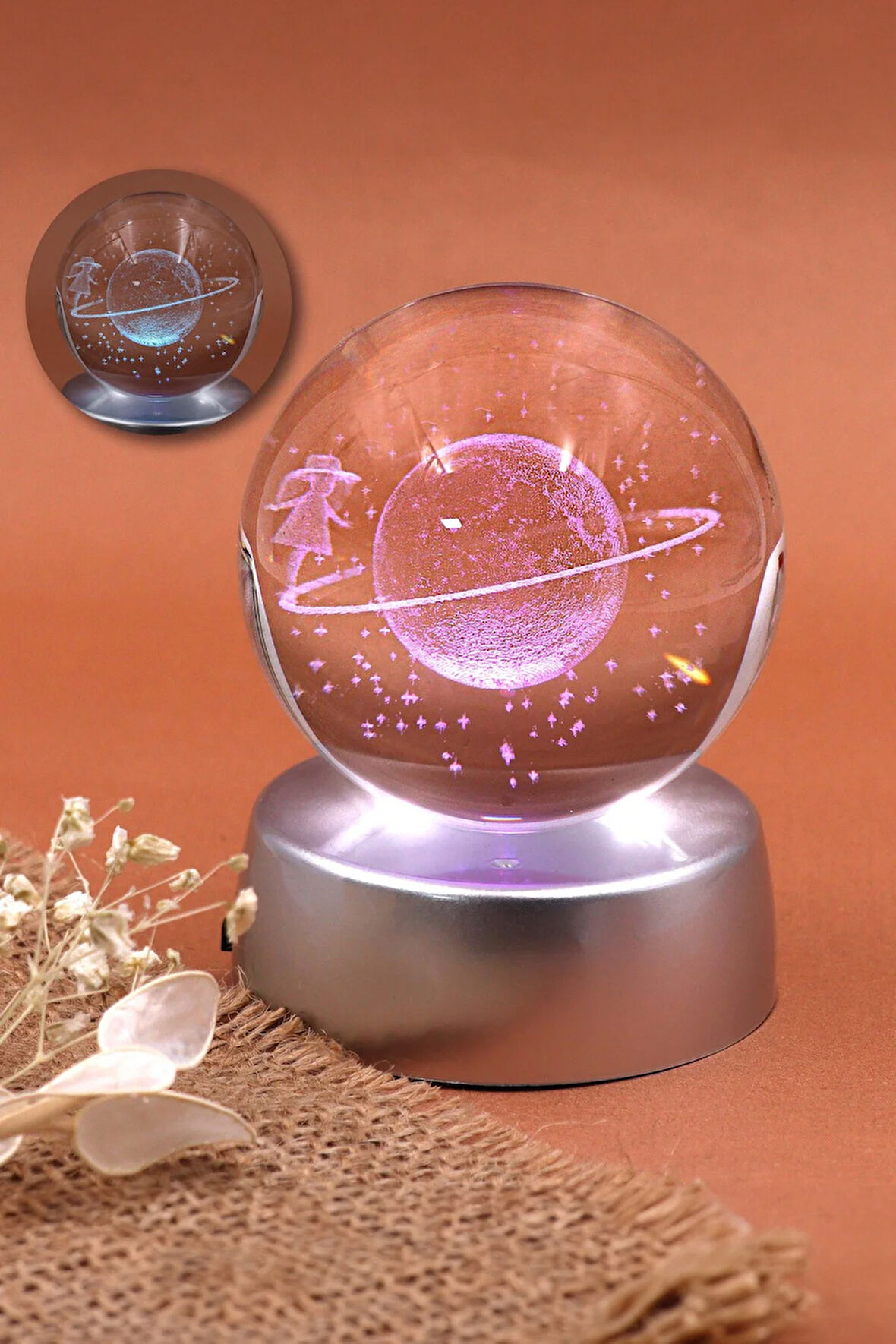 3D Samanyolu Temalı Satürn Kız Işıklı Cam Küre