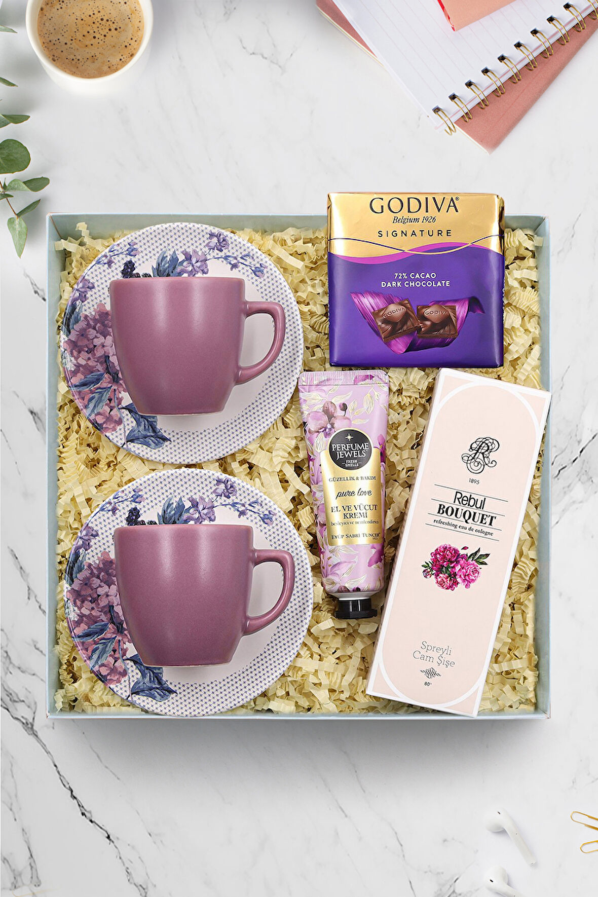 2'li Kahve Fincanı & Rebul Bouquet Kolonya & Godiva Çikolata & Eyüp Sabri Tuncer Krem Hediye Seti