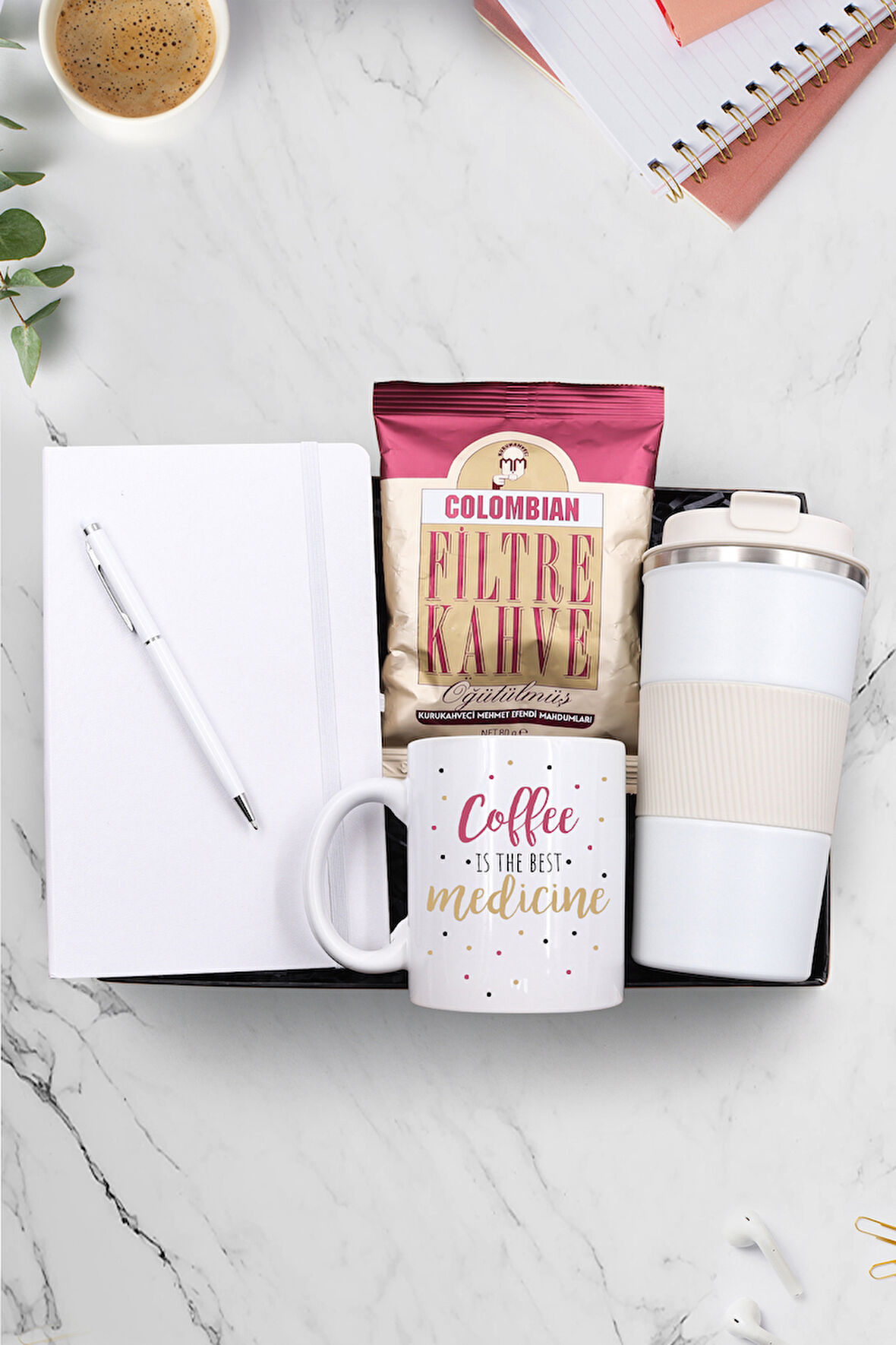500 ML Çelik Termos & Defter & Beyaz Touch Pen & Motto Kupa & Colombian Filtre Kahve Hediye Seti