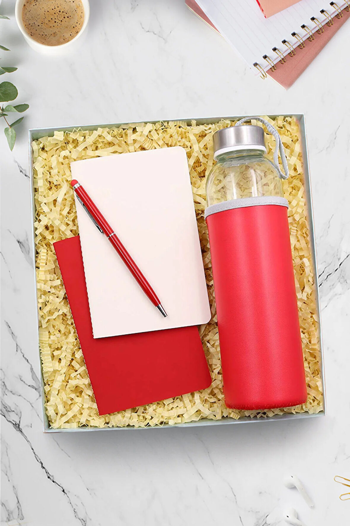 Deri Kılıflı 500 ml Su Matarası & Touch Pen & 2'li Dikişli Mini Not Defteri Hediye Seti