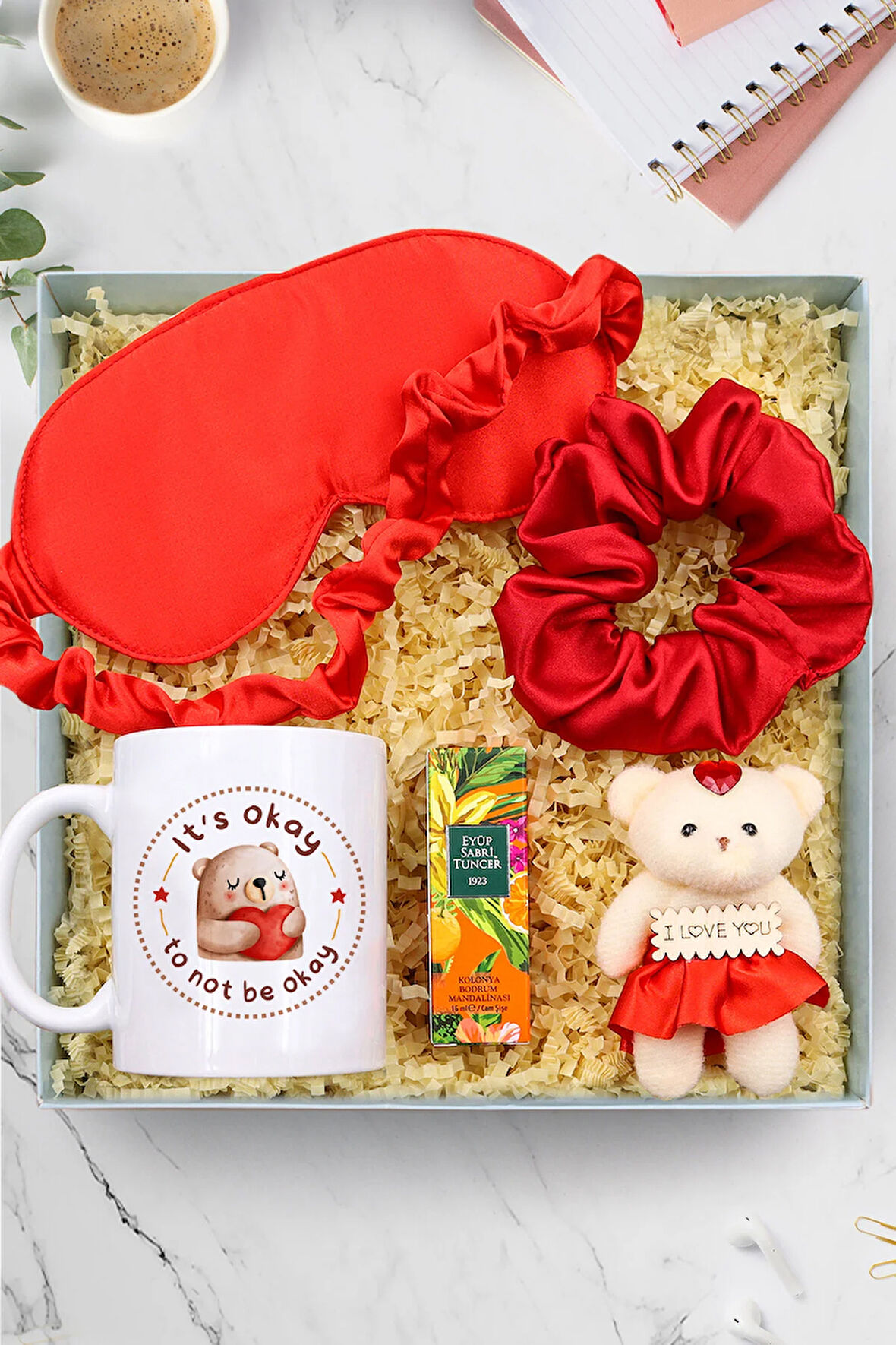 Kupa & Saten Uyku Bandı & Saten Toka & Mini Kolonya & Mini Love Ayıcık Hediye Seti