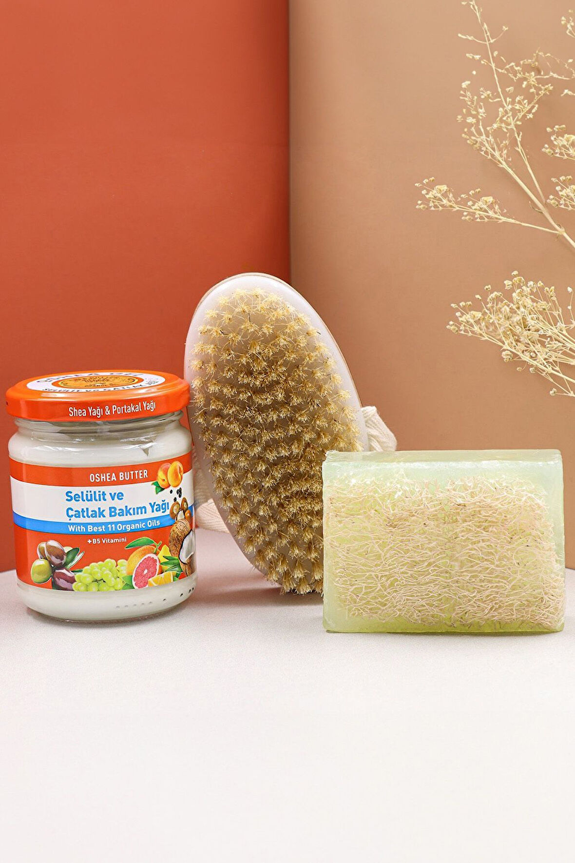 Doğal At Kılı Fırçası & Selülit ve Çatlak Yağı & Kabak Lifli Sabun Kişisel Bakım Hediye Seti