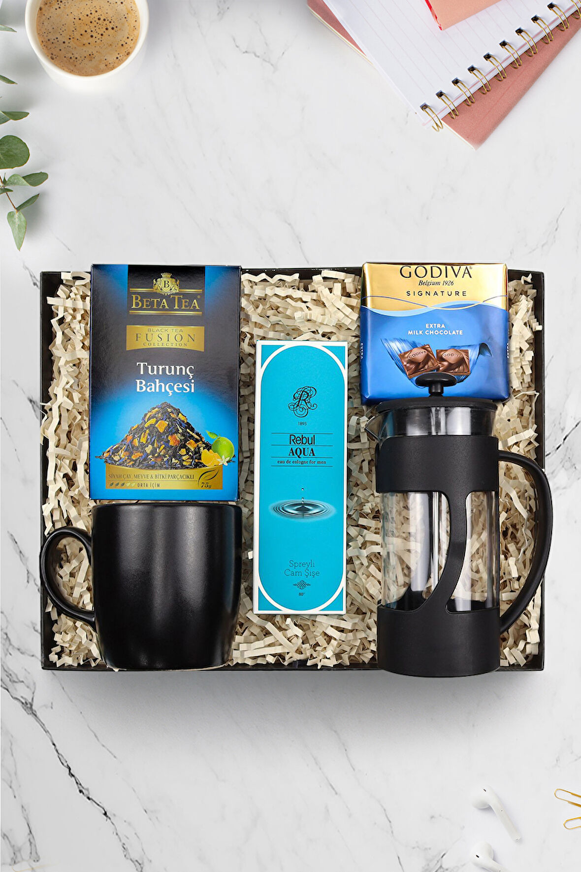 FrenchPress & Siyah Kupa & Beta Tea Bitki Çayı & Godiva Kare & Rebul Aqua Erkek Kolonya Hediye Seti