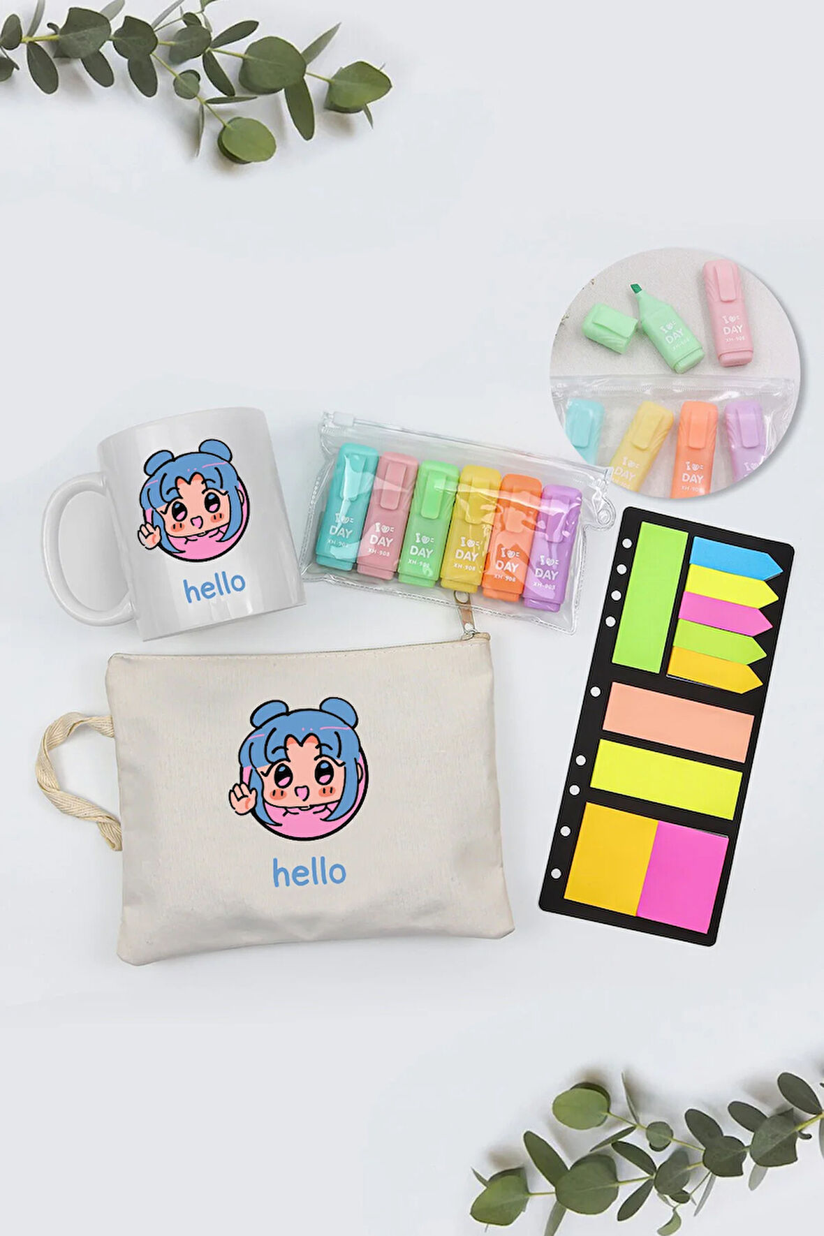 Ham Bez El Çantası & Kupa & Yapışkan Notluk & Fosforlu Kalem Hediye Seti