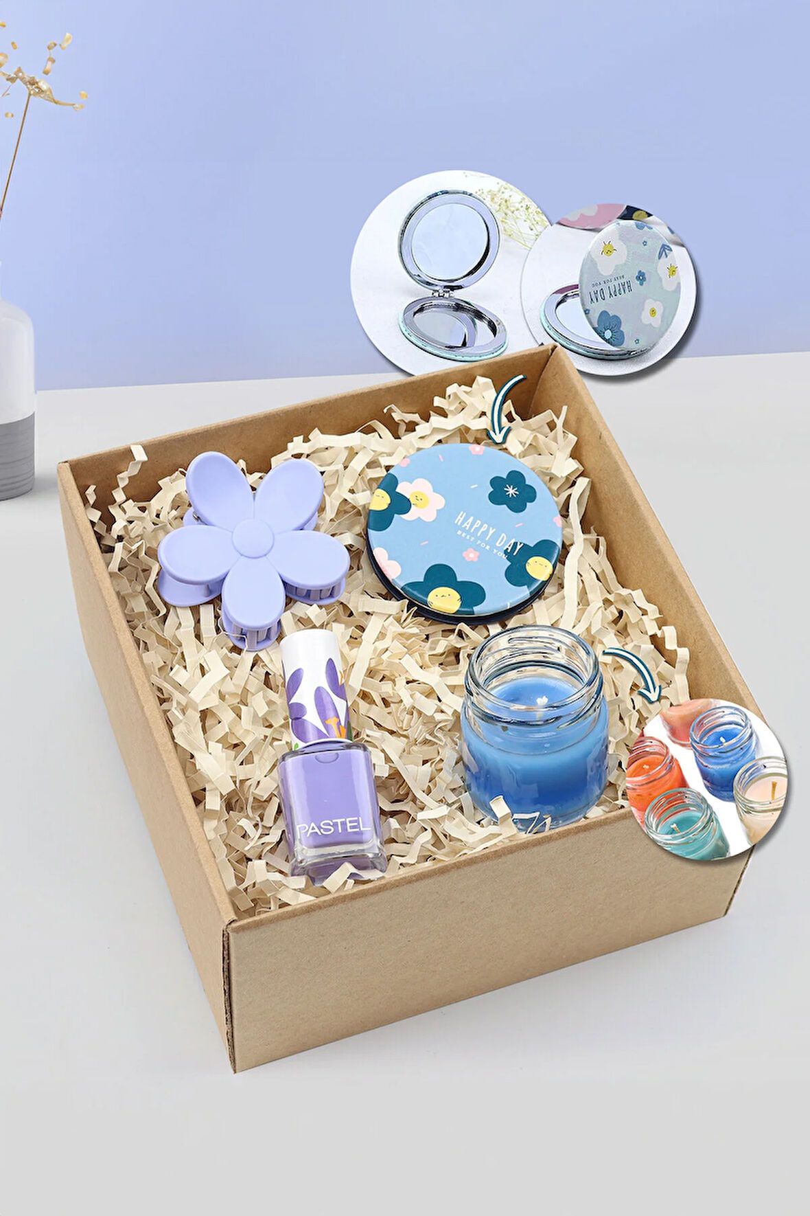 Renkli Papatya Mandal Toka & Pastel Oje & Çiçek Desenli Ayna & Mini Kavanoz Mum Hediye Seti