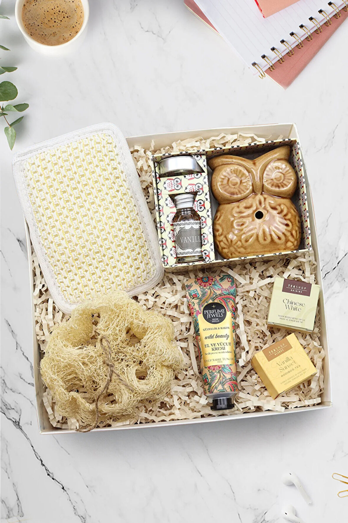 Baykuş Buhurdanlık & 2li Bitki Çayı & Eyüp Sabri Tuncer Krem & Kabak Lif & Duş Kese Hediye Seti