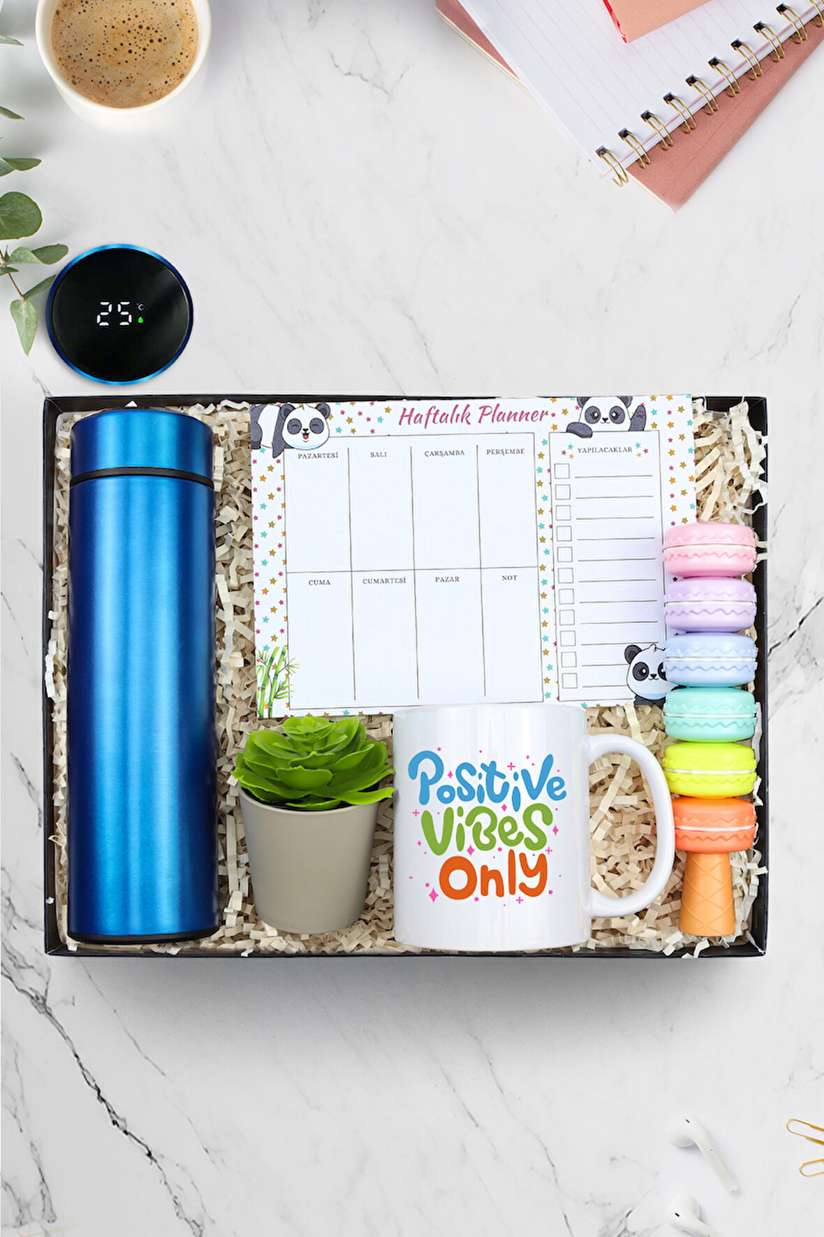 500ML Dereceli Termos & Planner & Motto Kupa & Makaron Fosforlu Kalem & Yapay Mini Çiçek Hediye Seti